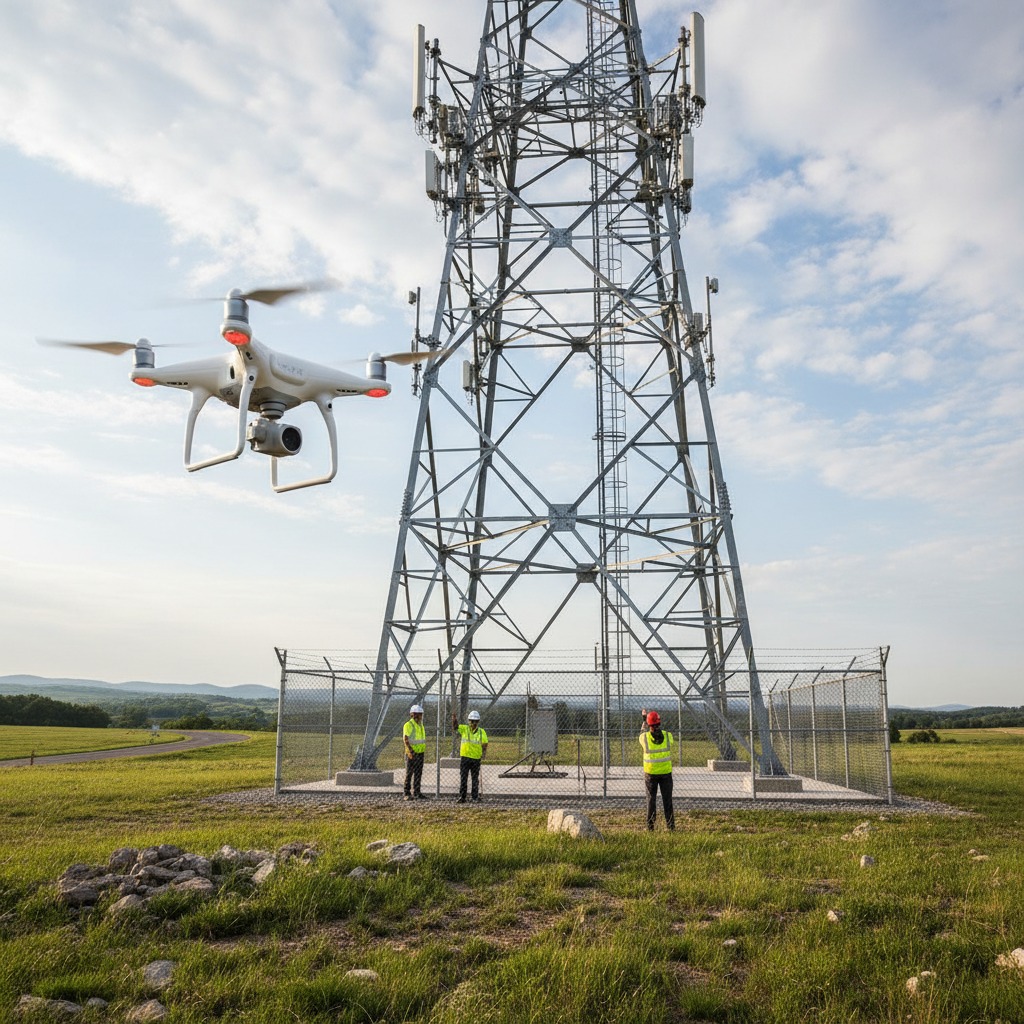 Three technicians in high-visibility vests stand near a cell tower while operating a drone for inspection.